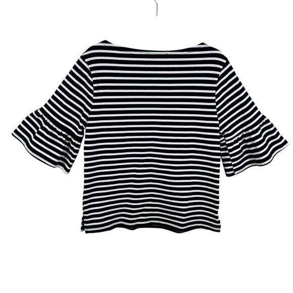 Ellison 100% Cotton Black White Striped Half Ruffled Bell Sleeve Knit Blouse M - Picture 2 of 7
